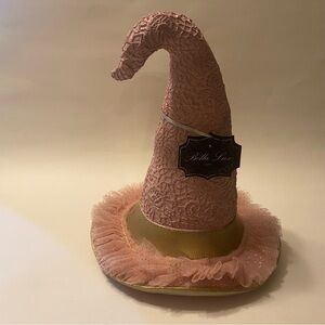 Bella Lux Halloween Witches Hat Table Top Decor Pink Lace Tulle Gold Trim 10”